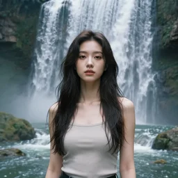 beautiful girl in a land where waterfalls spilled down, beautiful portrait, symmetrical, character concept style trending on artstation concept art detailed octane render cinematic photo - realistic 8 k high detailed