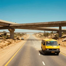 a film still of a dusty abandoned highway with warring minibus taxis from mad max fury road by ian mcque, multiple overpass interchange, vibrant, 5 0 mm lens, video game character and environment design, 2 d game lineart behance hd, studio, dramatic lighting, cinematic, global illumination, trending on artstation, bloom