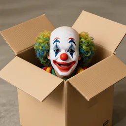 a cardboard box opened up with a clown face popping out of it, realistic