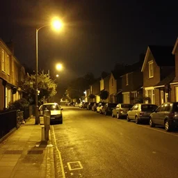 suburban english street at night, 2006, yellow street lights, cars parked, amateur, flickr
