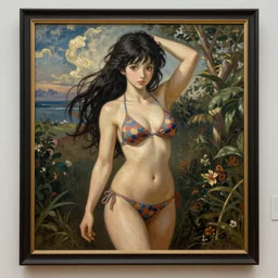 a majestic oil painting of anime girl in bikini by Rembrandt, hanging in the louvre, incredible detail