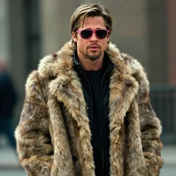 film still of Brad Pitt as Tyler Durden wearing big fur coat and pink sunglasses in Fight Club 1999