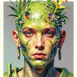 risograph grainy drawing of futuristic sci - fi antagonist face wearing earrings, photorealistic colors, face covered with plants and flowers, by moebius and satisho kon and dirk dzimirsky close - up portrait, hyperrealistic