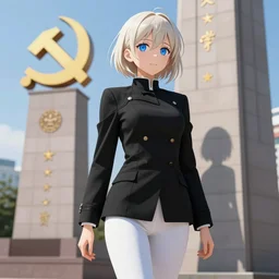 aristocratic platinum - blonde - haired bob cut blue - eyed princess wearing white leggings and black jacket, standing next to communist monument, anime, hd anime wallpaper, hyperrealistic lighting, octane render, drawn by artgerm