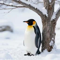 penguin resting underneath a tree, snowy winter landscape
