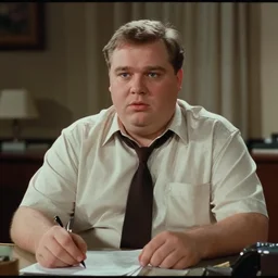clean - shaven chubby white man wearing a shirt and necktie sitting at a desk, 1 9 8 9 movie still, tv scan lines, cinematography, cinematic lighting