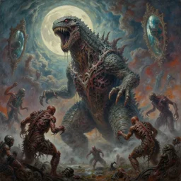 concept art of giant kaiju, lovecraftian, lots of teeth, melting horror, round moon, rich clouds, fighting the horrors of the unknown, mirrors, very detailed, volumetric light, mist, grim, fine art, decaying, textured oil over canvas, epic fantasy art, very colorful, ornate, anato finnstark