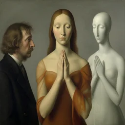 man woman into one change and praying by beksinski, carrington, bosch, dali, barlowe, magritte