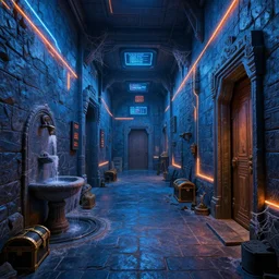 slaughterpunk reclaimed futurepunk dungeon, ancient stone tiling, blue and orange neon lines along the wall, bluestone walls, trending on artstation. absurdly detailed linear hallway with doorways. wall fountain, treasure chest, cobwebs, digital readouts on a series of screens