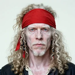 very detailed portrait photo photo of an mature pale albino albino albino african pirate with red headband and curly curly hair, featured in artstation, photo art by Greg Rutkowski, WLOP, Dan Mumford, Christophe Vacher