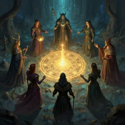 mages in circle summoning from the evil realm. fantasy, digital painting, hd, detailed.