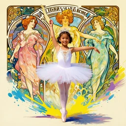 a mixed race hapa five - year - old girl, dressed as a ballerina, performing at the washington dc botanical gardens, smiling into the camera, portrait, wide shot, midday light, bright colors, illustration, pop art, splash painting, art by geof darrow, ashley wood, alphonse mucha