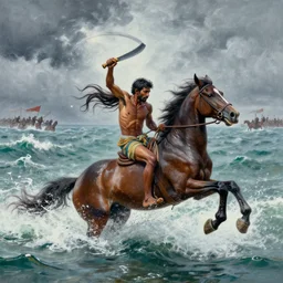 water body, single bangla farmer fighting on hoseback, hand to hand combat with machete, wielding machete, full body view, long flowing water hair, fighting for his life, stormy ocean surrounding subject, horseback combat attacker foreground, background of invading army, nestor canavarro hyperrealist art style, sharp outlines