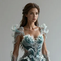 a regal brown woman wearing an intricate and detailed armor made of ocean waves. layers. textures. delicate. elaborate. translucent. soft. ethereal. fragile. vulnerable. studio portrait. photorealistic. octane render