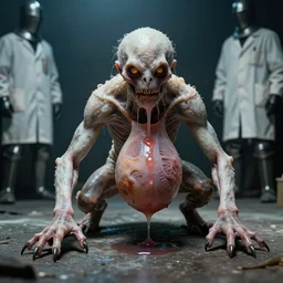 a wet skin creature under stage light, crawling humanoid monsters, saliva, membrane pregnancy sac, respiratory flap, super realism, claws, octane rendering, cinematic. white, grey blue and golden red color scheme. medium shot, 2 4 mm, lens dust, old photo, labcoats, knight equipment, david fincher, james wan, gritty, moody, eerie, dark arts, glowing eyes looking at the camera