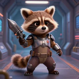 detailed illustration of furry rocket the raccoon standing in the hallway of a space ship from guardians of the galaxy, wearing mass effect armor, holding a rocket launcher, soft volumetric lighting, cinematic, wlop, artgerm, craig mullins, disney, pixar, closeup portrait, confident action pose, octane