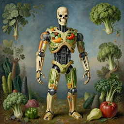 terminator t-800 made out of vegetables in the style of Giuseppe Arcimboldo