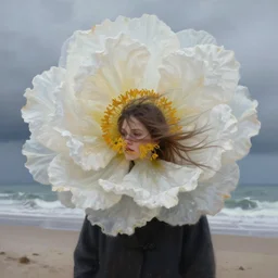 closeup, large flower head, a girl on beach, surreal photography, wind and cold, dramatic sky, impressionist painting, digital painting, artstation, simon stalenhag