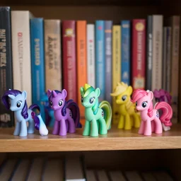My Little Pony figurines on a bookshelf, 8k, Zeiss 35mm photography, studio lighting