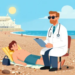 a doctor on brighton beach, england, sunglasses, man with friend, pebbles, sunbathing. illustration