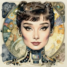 korean audrey hepburn automata, intricate watercolor cyberpunk face portrait by alphonse mucha