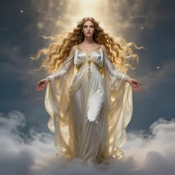 A portrait of a mragot robbie as a goddess in heaven, piercing eyes, highly detailed, bokeh, professional photograph, full body shot 4K, HD