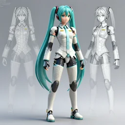 CAD assembly diagram of a realistic android bodyguard modeled after Hatsune Miku and with slender body type and thicc ceramic hex tile armor plates, solidworks, catia, autodesk inventor, unreal engine, gynoid cad design inspired by Masamune Shirow and Tsutomu Nihei and Ross Tran and WLOP, product showcase, octane render 8k
