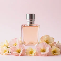 perfume bottle sitting on a pile of pale pink and yellow flowers close shot, light pink background, softly - lit, soft - femme, zen, light, modern minimalist f 2 0 clean