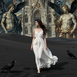 a girl with long white long dress walking in black sand desert crows around her by egon schiele and michael angelo, baroque, neo Gothic,matte painting, baroque detailes,photo real,concept art,highly detailed,sharp lines, hdri, 4k