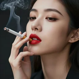 woman smoking a cigarette, red lipstick, lips on cigarette, pucker, smoke, close up