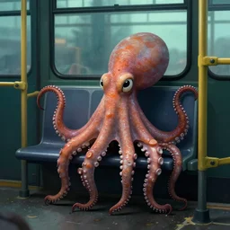 a strange bird octopus chimera creature waiting for the bus in the style of shaun tan, dramatic lighting, 8 k octane render