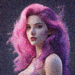 A portrait of a very beautiful goddess with pink and deep purple hair radiating an artwork of volumetric displacement, houdini, arnold render, hyperrealism, subsurface scattering, 8k,  xparticles