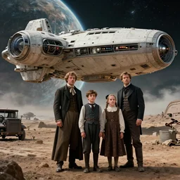 highly detailed, 256435456k film, 1075200mm film still from a sci fi blockbuster color movie made in 2019, set in 1860, of a family standing in front of a spaceship that has just landed on an alien planet, the family are all wearing 1860s era clothes, good lighting, good photography, ultra high definition