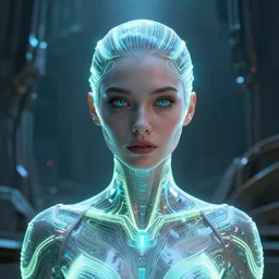 portrait of a beautiful bioengineered female wearing a luminescent bodysuit, Tron environment, omnious  ruins, elegant,  god ray, reflections, focus, detailed, realistic eyes, horizontal partial symmetry features proportions, intricate facial skin details, award winning, trending in cgsociety artstation deviant art, octane render
