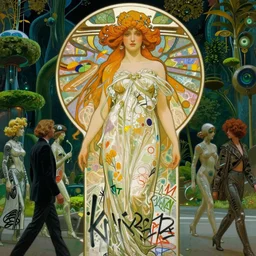 Winter goddess by alphonse mucha, john berkey, covered in graphitti by banksy, basquiat, cleon peterson, dramatic cinematic lighting, manicured solarpunk greenery, high fashion futuristic people walk past