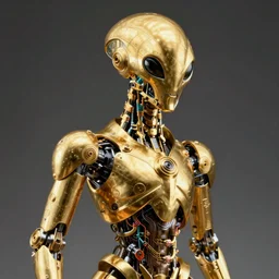 Tall gold robotic alien creature portrait,  dramatic lighting, very detailed, electrical details, high details, 4k, 8k, trending on artstation, by Hajime Sorayama and Paolo Eleuteri Serpieri
