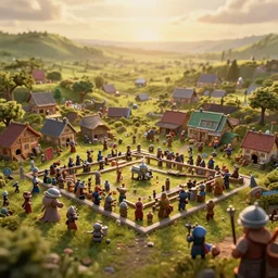 a village that looks like clash of clans, lens blur, high quality photography, sigma 8 5 mm, golden hour