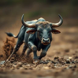 action photography, long shot, award winning macro photo of an ultra detailed intricate muddy tiny bull running very fast on mud, dirt and dust, fast shutter speed, motion blur, tiny gaussian blur, highly detailed, highly intricate, depth of field, national geographic