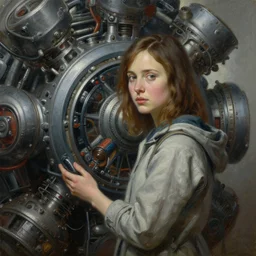 a realistic oil painting of a girl resembling alicia vikander or millie bobby brown in a futuristic mechanical spaceship engine, highly detailed, intricate, artstation, by donato giancola and william adolphe bouguereau