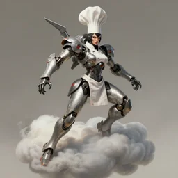 daemonic mecha woman chef cook, dynamic pose, in clouds, by greg hildebrandt, studio lighting, muted colors, by terry richardson, concept art by leonardo davinci, extreme detail, volumetric, reflective, trending on artstation, 8 k