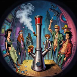 Big Muzzy smoking bong scene inspired by Muzzy in Gondoland cartoon, Moebius, Greg Rutkowski, Zabrocki, Karlkka, Jayison Devadas, Phuoc Quan, Sadamoto Yoshiyuki, trending on Artstation, 8K, ultra wide angle, zenith view, cyberpunk pincushion lens effect