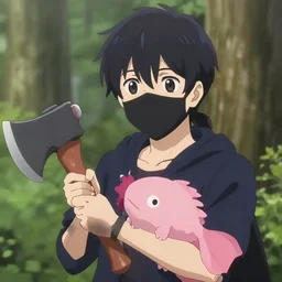 anime character, wearing a black mouth mask, holding a axolotl