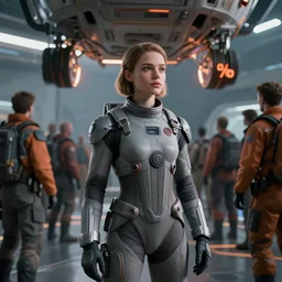 girl in the sci - fi suit, people crowd, spaceport, landing gear, gray colour 7 0 %, orange colour 1 0 %, avatar, cinematic keyframe. by fausto de martini, wadim kashin. ultra realistic, cinematic light, ue 5, featured on artstation, octane render, sharp focus, ray tracing, artstationhq, cgsociety, cinematic 8 k.