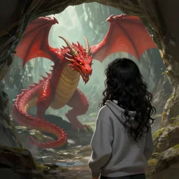 back view of a curly long black haired woman wearing grey hoodie discovering a red dragon in a cave, digital art, trending on artstation, fantasy painting