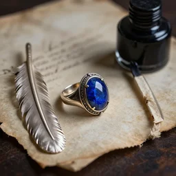 still life, letters, inks, vintage, antique, 1 7 th century male seal - ring with a sapphire cabochon, silver feather, dark academia, photorealistic, radiant light, soft lighting, cinematic, detailed