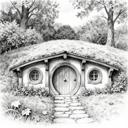 a black and white pencil drawing of a hobbit house built into the hillside, autumn leaves, forest, high quality