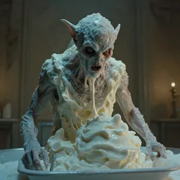 eldritch creature made of frozen yogurt indoors, cinematic lighting, film still, movie, horror, directed by j j abrams