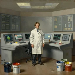a contemporary painting of a single scientist in a white coat stands in a large control center, in the corner are buckets of paint by caravaggio