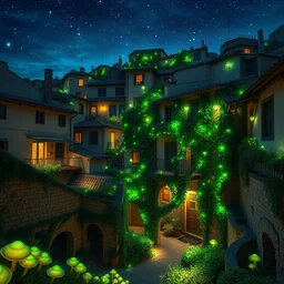 traditional spanish city in a bioluminescent mushroom forest, bioluminescent ivy growing on the buildings