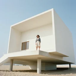 a still of a young woman standing on a huge concrete white deck, high above the ground, of a minimalist brutalist beach house, outside view, low angle, clear sky and background, in the music video Wrapped Around your Finger (1983)